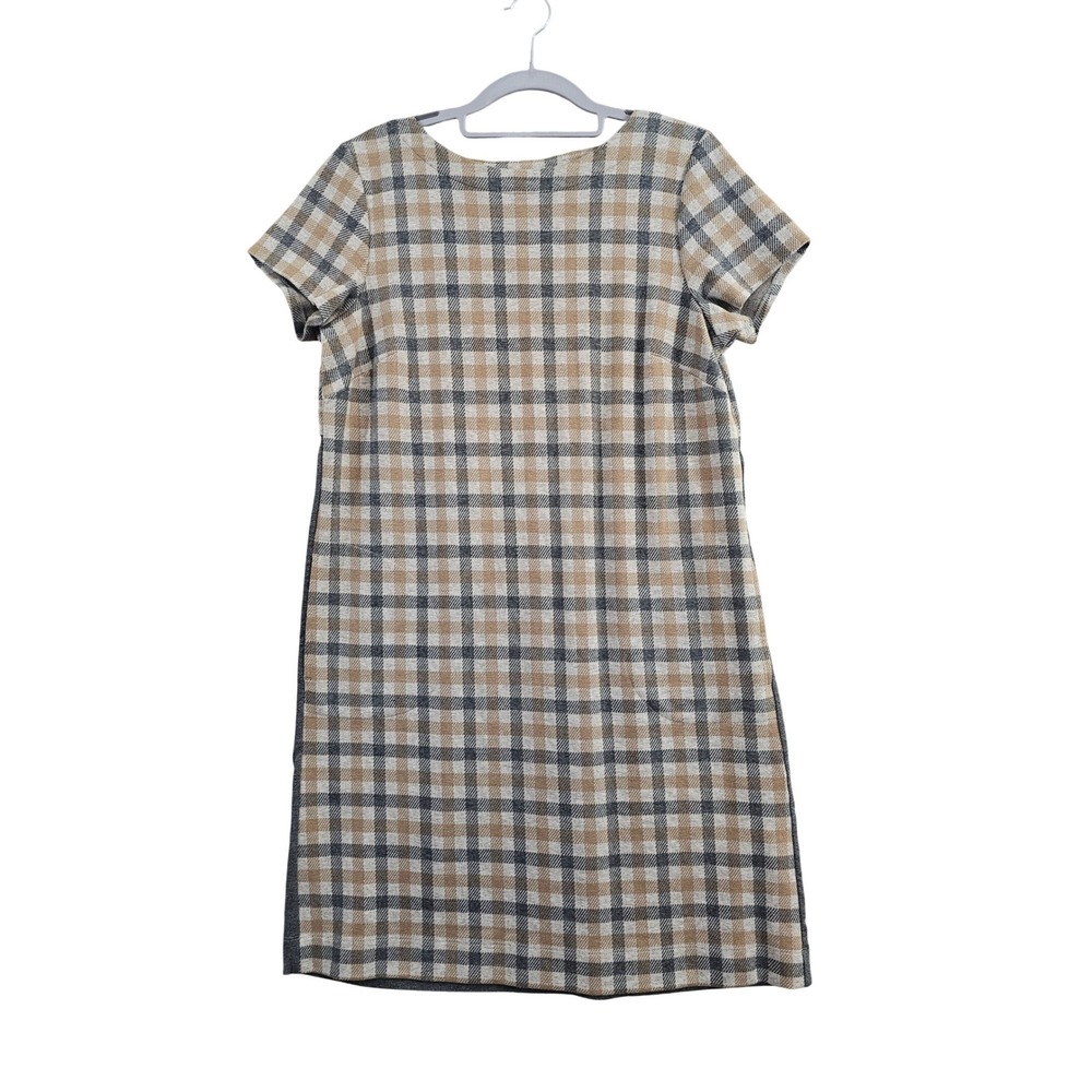 J. Jill Plaid Shift Dress Women S Grey Tan Mixed Media Knit Short Sleeve Pockets